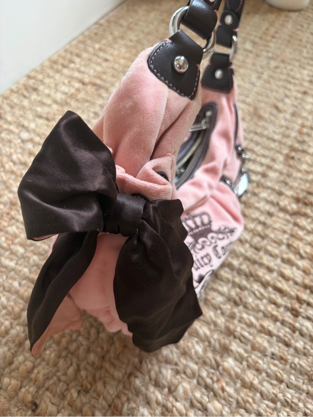 Juicy Couture Light Pink Velour Shoulder Bag with Brown Accents - Picture 5 of 8